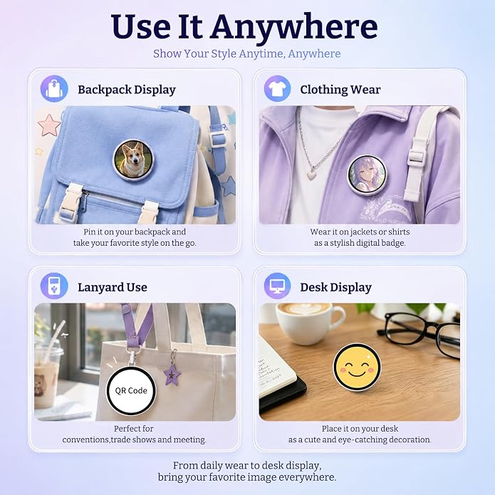 HD Digital Badge Pin with TouchScreen, Personalized E Badge for Backpack | Electronic Digital Display Badge with Custom Photo GIF Video Slideshow, Lightweight Pixel Display Smart Button Gift - Image 4