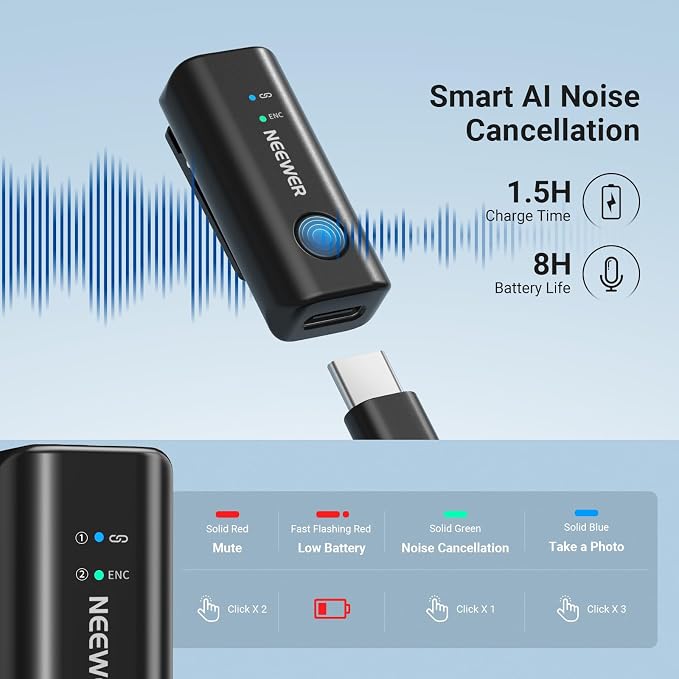 NEEWER KM23C AI Wireless Lavalier Microphone Compatible with iPhone Android Tablet PC Laptop, Omnidirectional 48K/24Bit 20-20KHZ AI Noise Cancellation Mute 70m Range 32h Total Battery (1x RX + 4X TX) - Image 4