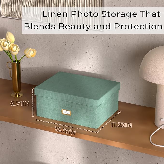Decorative Photo Storage Box, Linen Photo Box Holds 1700 5x7 Pictures Green | Photo Storage Containers with 8 Dividers, Memory Keepsake Organizer for Photos, Scrapbook Supplies, Cards, Stamps,Archive Box - Image 6