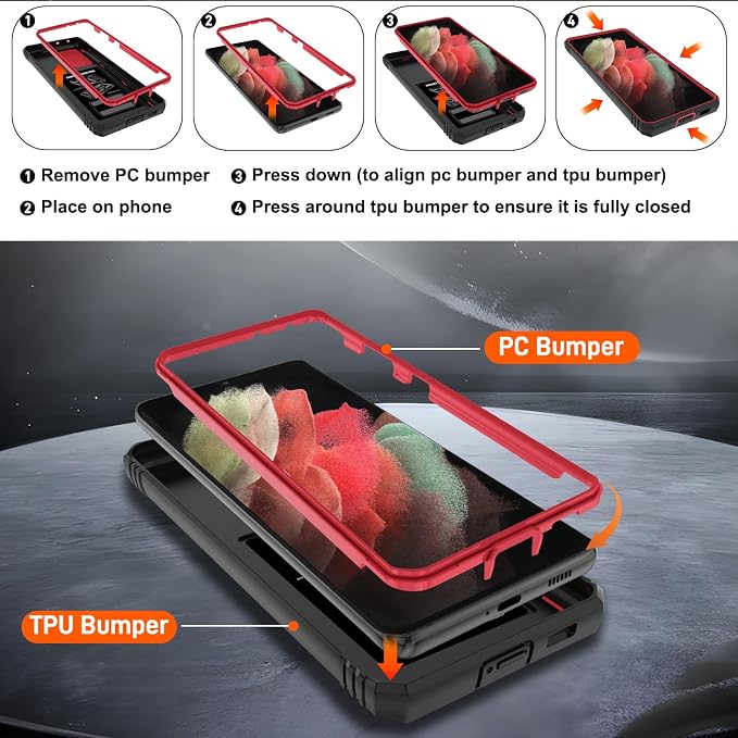 Gritup for Phone Case S21 Ultra: S21 Ultra 5G Phone Case with 2*Screen Protector | Magnetic Stand & Slide Camera Cover | Shock Proof Military-Grade Funda para S 21 Ultra Cover, Red+Black - Image 4
