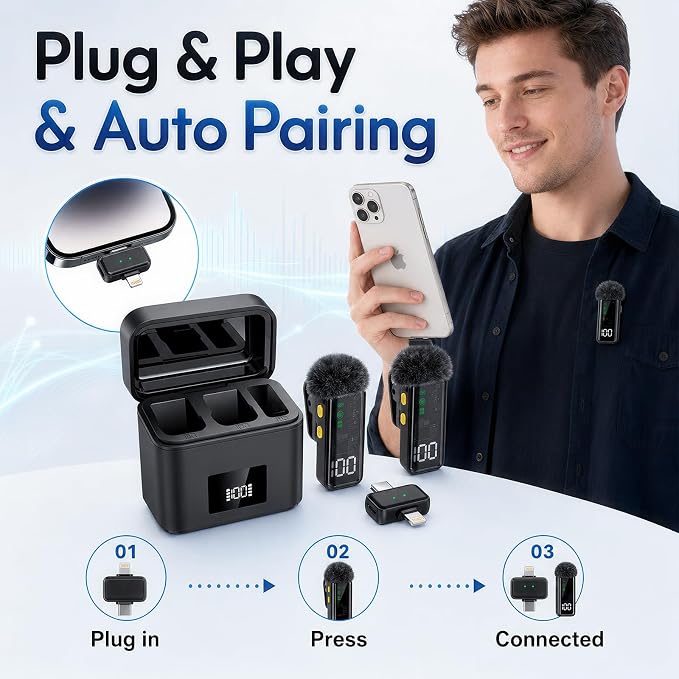2 Mini Wireless Microphones for iPhone/Android, AI Noise Reduction | Plug & Play, 20H Battery with Charging Case, Portable Clip-On Lavalier Mic for Content Creators, Podcast, Streaming, Vlogging - Image 3