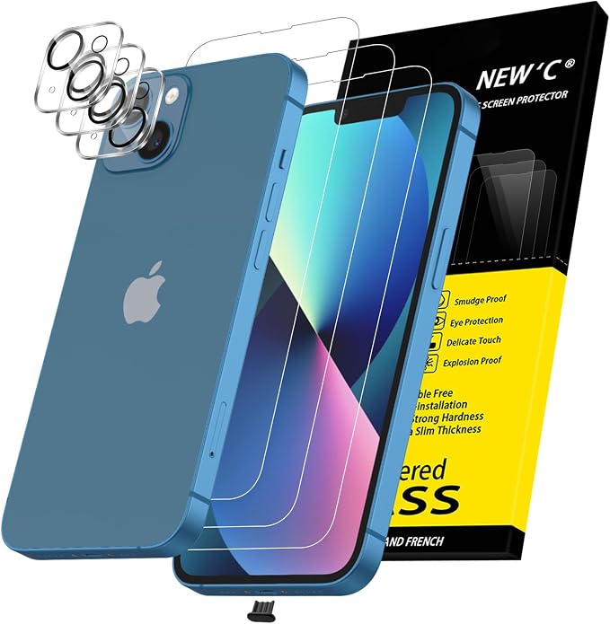 NEW'C 3x for iPhone 13 Screen Protector (6.1 inches)+ 3x Camera Lens Protector, Sensor Protection + Dust Plug - Case Friendly Tempered Glass Film, Ultra Resistant by NEWC