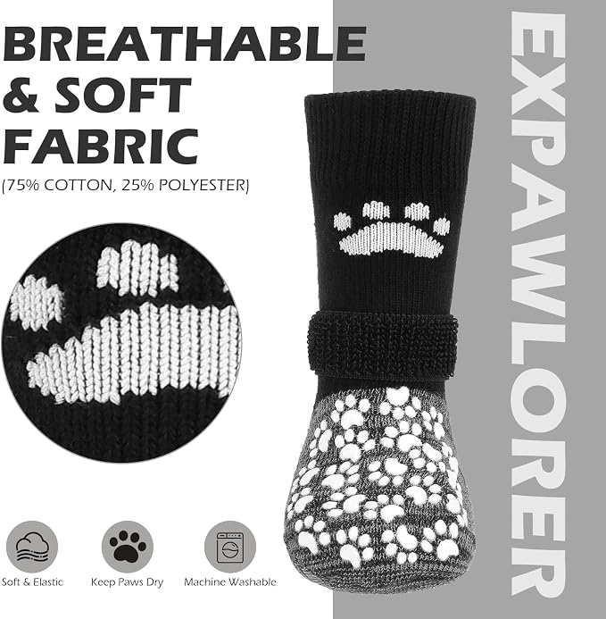 EXPAWLORER Anti Slip Dog Socks to Prevent Licking Paws, Shoes for Hot Pavement, Dog Booties for Small Medium Large Senior Dogs, Traction Control Boots & Paw Protectors for Hardwood Floors Black&Grey - Image 4