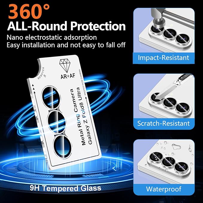 for Samsung Galaxy Z Fold 8 Ultra Camera Lens Protector, Individual Metal Ring Tempered Glass Lens Cover, [Strong Adsorption] Scratch Resistant Ultra-Thin HD Clear Lens Cover, 1 Set-Slivery Ring - Image 2