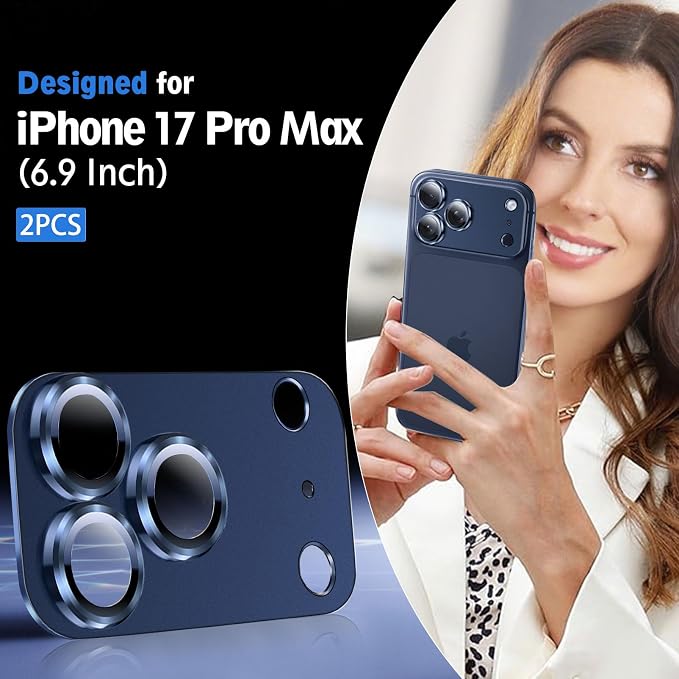 SiHPuoy Camera Lens Protector for iPhone 17 Pro Max, Tempered Glass, Blue | 2pcs, 9H+ Hardness, Military Grade Shatterproof, Anti-Scratch, Case Friendly, Metal Camera Cover, Does not Affect Night Shots - Image 2