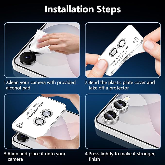 for Samsung Galaxy Z Flip 8 Camera Lens Protector, Individual Metal Ring Tempered Glass Lens Cover, [Strong Adsorption] Scratch Resistant Ultra-Thin HD Clear Lens Cover, 1 Set-Slivery Diamond - Image 7