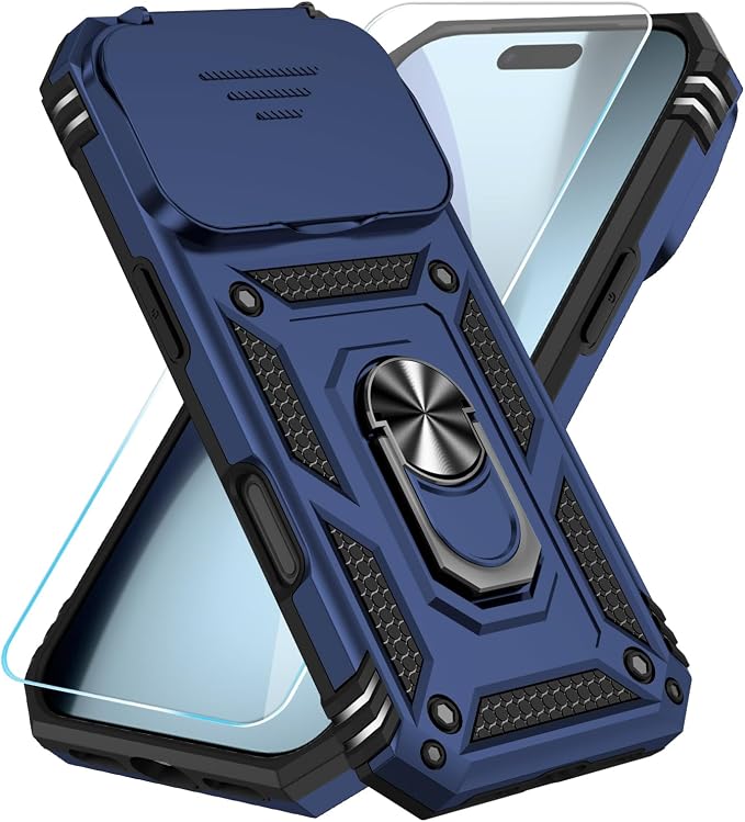 SunStory Phone Case for iPhone 17 Pro Case with HD Screen Protector & Slide Camera Cover & Rotated Ring Kickstand, [Military-Grade] Phone Case for for iPhone 17 Pro, Blue by SunStory