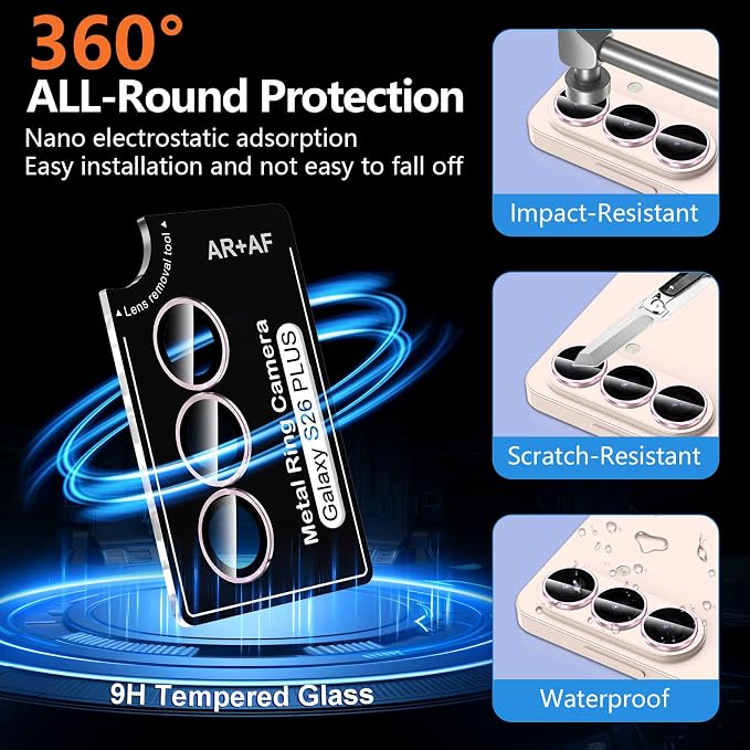 for Samsung Galaxy S26 Plus Camera Lens Protector, Individual Metal Ring Tempered Glass Lens Cover, [Strong Adsorption] Scratch Resistant Ultra-Thin HD Clear Lens Cover, 1 Set-Pink Ring - Image 2