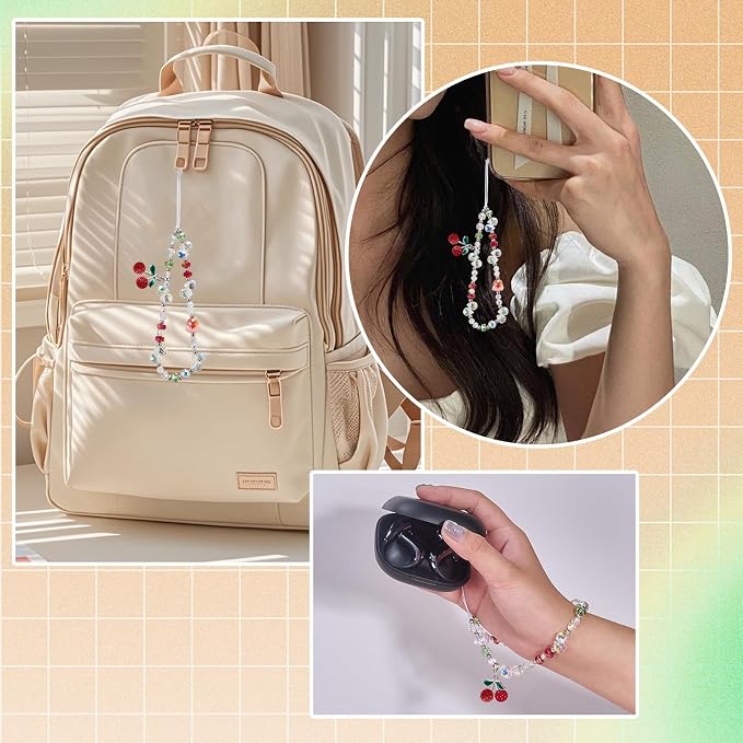 BEEFLYING Cherry Beaded Phone Charm Wrist Strap for Case, Dazzling | Y2K Cell Phone Chain with Cherry Pendant, for Bag Keychain Camera Wallet - Image 7
