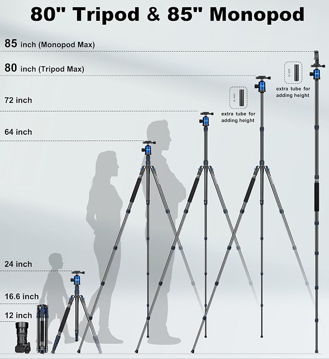 80/85 inches Heavy Duty Tripod for Camera Phone, 85" Camera Tripod Monopod | Tripod Stand for DSLR Binoculars Spotting Scope Camcorders Video, 360 Degree Ball Head, 35 lbs Loads - Image 4