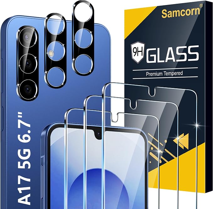 Samcorn [3+3 Pack Pack Galaxy A17 5G Screen Protector, HD Clear Tempered Glass, Fingerprint Unlock, 3D Curved, Scratch Resistant, No Bubble for Samsung Galaxy A17 5G Glass Screen Protector by Unknown