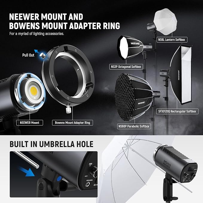 NEEWER MS150 LED Video Light with 2.4G/APP Control, 130W 5600K Studio Daylight Mini COB Continuous Output Lighting, 66800lux/1m, CRI 97+/TLCI 98+, 9 Effects, 0-100% PWM Dimming, Bowens Mount Adapter - Image 9