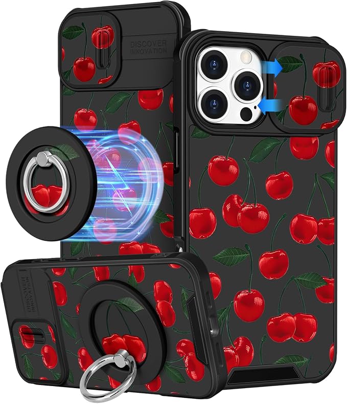 Buleens for iPhone 16 Pro Case 6.3 Inch - with Ring Stand & Camera Cover Aesthetic Cute Designed for Women Girls Girly Pretty Kawaii Cherry Teens Phone Case for iPhone 16 Pro Compatible with Magsafe by Buleens