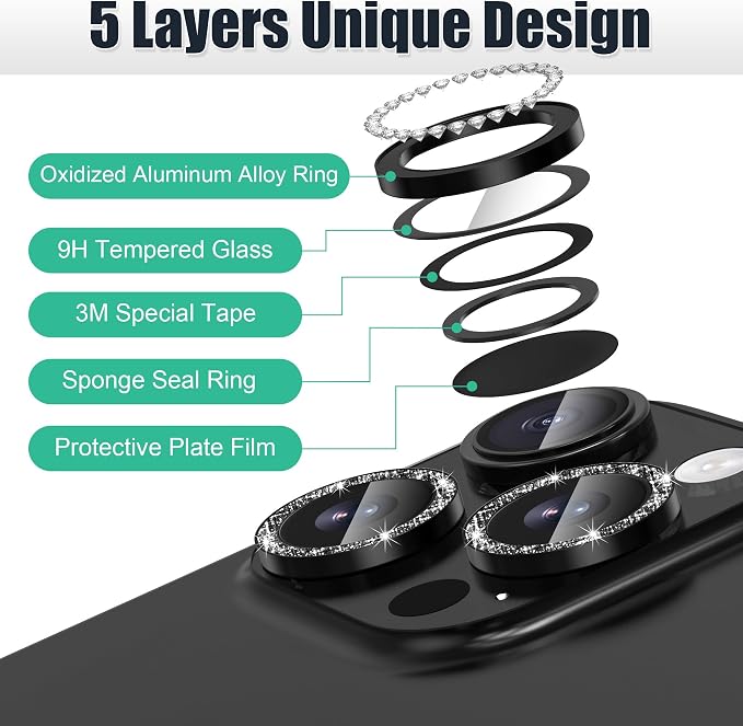 AGVEE 3+3 6 Pack for iPhone 16 Pro & Max Camera Lens Protector Cover | Individual Bling Diamond & Bling Glitter Sparkle Cute Gem Metal Ring, 9H Tempered HD Glass - Image 7