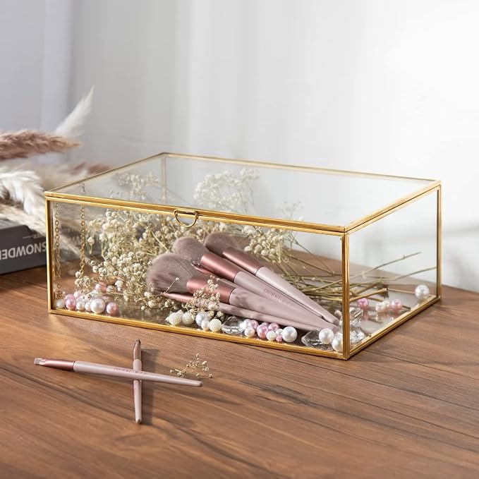 10.8” Glass Jewelry Box Gold Card Box with Hinged Lid, Gold Keepsake Box for Storage Wedding Card, Trinkets, Photo and More, Cute Glass Box for Women and Girl,Vintage - Image 3