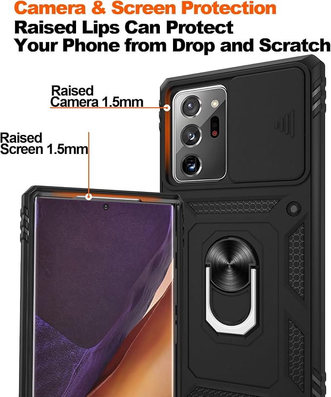 for Samsung Galaxy Note 20 Ultra Case with Screen Protector*2, Note 20 Ultra Phone Case Build in 360° Rotating Ring Kickstand, Military Grade Protective Cover for Note 20 Ultra Phone Black - Image 5