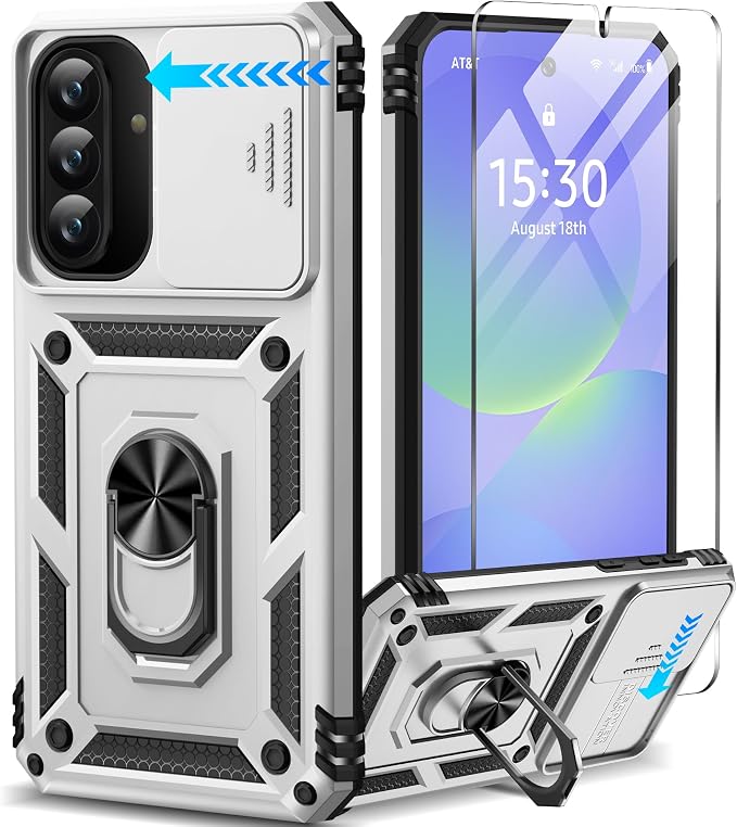 Taisairu for Samsung Galaxy A37 Case/A36 Case with Screen Protector & Slide Camera Lens Cover, Built-in Ring Stand Shockproof Protective Case for Samsung A37 5G Case/Samsung A36 5G Case (Silver) by Taisairu