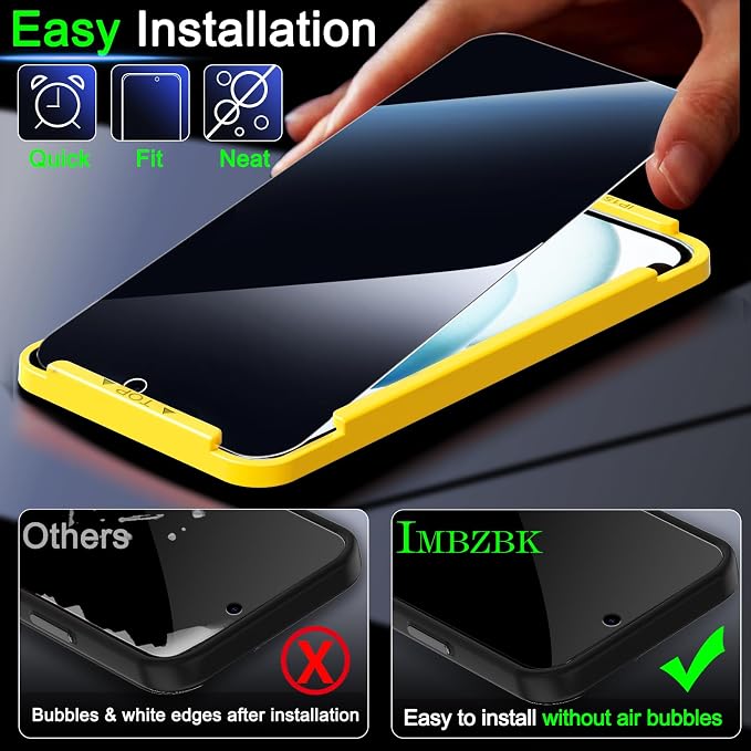 IMBZBK 3 Pack Privacy Screen Protector for iPhone 15,Tempered Glass | 9H+ Hardness, Military Grade Shatterproof, Case Friendly, Bubble Free Easy Installation Frame, with 3 Camera Lens Protectors - Image 5