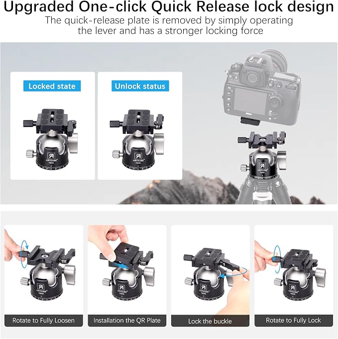 46mm Low ProfileTripod Ball Head with Lever Release ARTCISE Heavy Duty Ball Head Camera Ball Head with Arca Swiss Quick Release Plate for Camera Tripod Monopod DSLR Camcorder Telescope Max Load 55lbs - Image 2