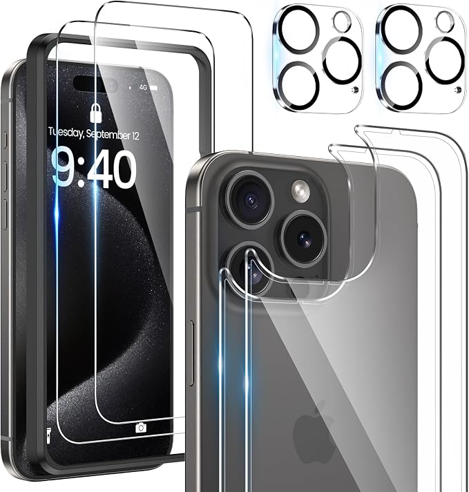 Maxdara [6 in 1 for iPhone 15 Pro Max Screen Protector | Back and Front Screen Protector with Camera Lens Protector [2+2+2 Pack], Tempered Glass by Maxdara