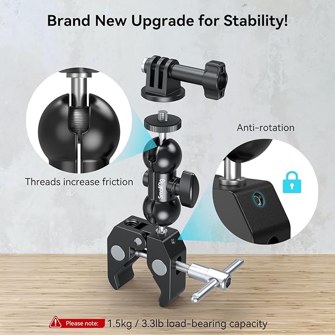 SmallRig Cool Ballhead Arm Super Camera Clamp Mount Double Ball Adapter, Fence Desk Table Mount for Ronin-M for Insta360, for Gopro - 1138 | for Fences/ Desks/ Tripods, for Monitors/ Lights, for Gopro, for Insta360 - Image 2