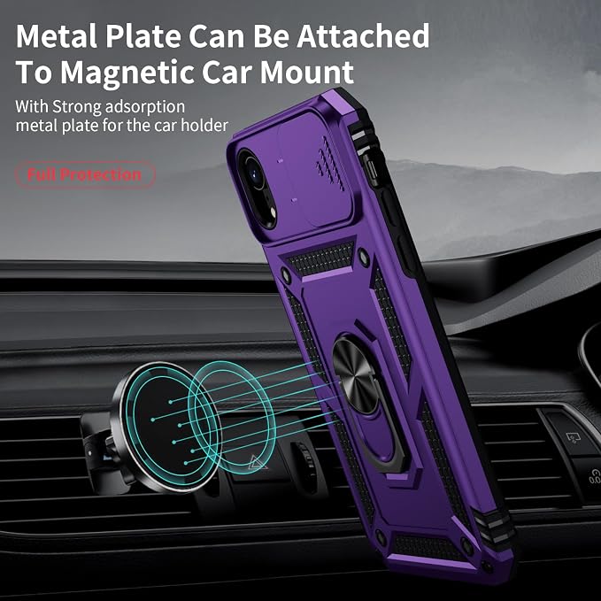 for iPhone XR Case with Camera Lens Cover, HD Screen Protector, 10 FT Military Grade Drop Protection, Magnetic Ring Holder Kickstand Protective Phone Case, Deep Purple - Image 2
