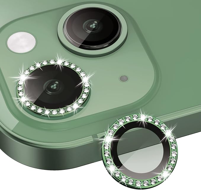 iPhone 13/13 Mini Camera Lens Protector Bling Diamond, Alpine Green | Individual Metal, 9H Hardness, Scratch Resistant, Shockproof, Drop Protection, Case Friendly, Stylish Accessories by Xfilm