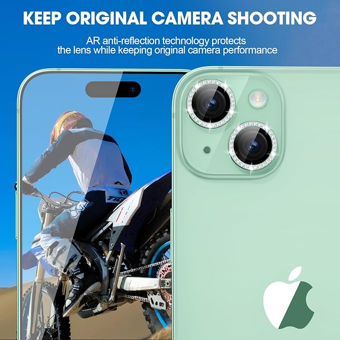 for iPhone 15/15 Plus Camera Lens Protector Bling Diamond, Green | Individual Metal, 9H Hardness, Scratch Resistant, Shockproof, Drop Protection, Case Friendly, Stylish Accessories - Image 4