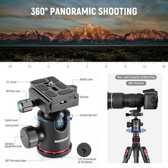 NEEWER 66"/168cm Carbon Fiber Camera Tripod with 360° Ball Head, N55C | Panorama, 1/4" Arca QR Plate, Portable Bag, Compact Travel Tripod Monopod for DSLR Video Camcorder, Max Load 26.5lb/12kg - Image 4