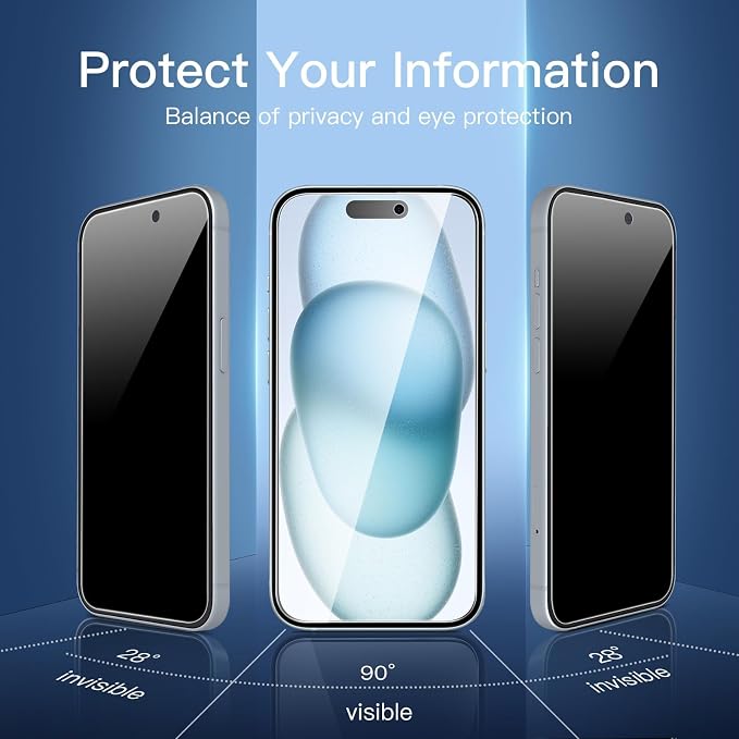 NEW'C 3x Privacy for iPhone 15 Screen Protector (6.1 inches)+ 3x Camera Lens Protector, Sensor Protection, Case Friendly Tempered Glass Film + Dust Plug - Easy installation tool included | Sensor Protection - Image 3