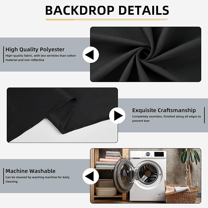Black Photo Backdrop for Photography Photoshoot Background, 5x10FT | Multipurpose Screen for Portrait Studio Video Recording Halloween Party Non-Reflective Easy Setup High Density - Image 2