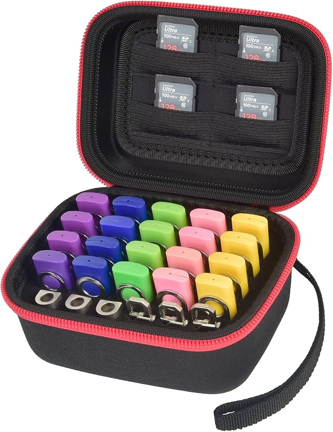 Comecase USB Flash Drive Case, Holds 26 USB Drives and 4 SD Cards | Pre-Cut Foam Fits Mixed USB Drives; EVA Shell, Holds 26 USB & 4 SD Cards, Black+Red Zipper, Small, Case Only by COMECASE