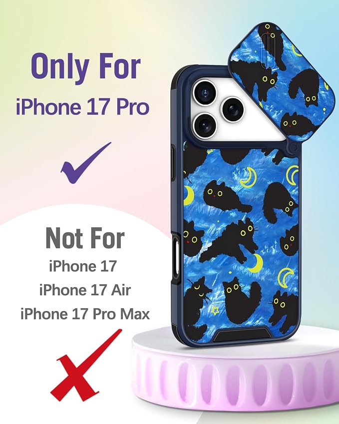 Buleens for iPhone 17 Pro Case 6.3 Inch - with Ring Stand & Camera Cover Aesthetic Cute Designed for Women Girls Girly Kawaii Blue Cat Stars Phone Case for iPhone 17 Pro Compatible with Magsafe - Image 2