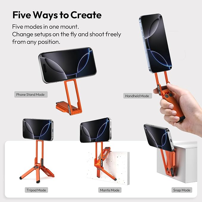 ULANZI MA38 Magnetic Phone Tripod for iPhone, Portable Phone Holder Orange | Portable Phone Tripod for Magsafe w Foldable Hook Double-Sided 1/4'' Screw for Travel Vlog Selfie iPhone 17/16/15/14/13 - Image 2