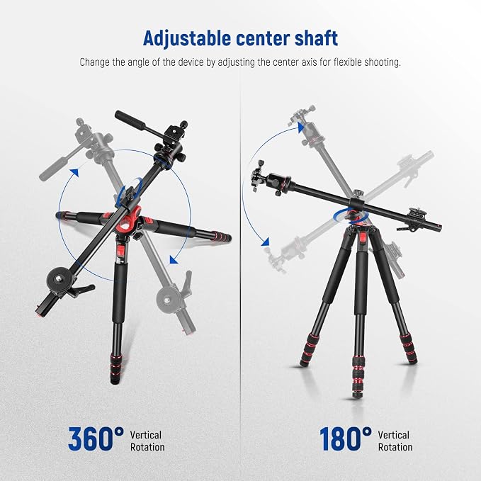 NEEWER 73.6" Horizontal Tripod with Multi Angle Center Column, Ball Head & Central Axis Platform, Heavy Duty Aluminum Camera Tripod Monopod 360° Pan 180° Tilt for Overhead/Macro Shots, Max Load 22lb - Image 3
