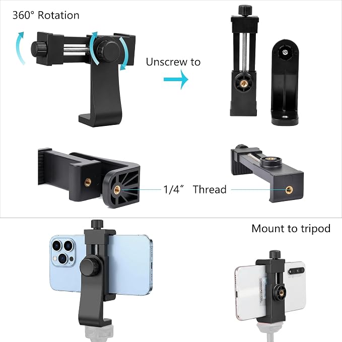 Ruittos Phone Tripod Mount Adapter with Camera Remote Controller, Cell Phone Holder Clip with Adjustable Clamp Compatible with iPhone, Samsung, HTC, Huawei etc., Include Wrist Strap - Image 5