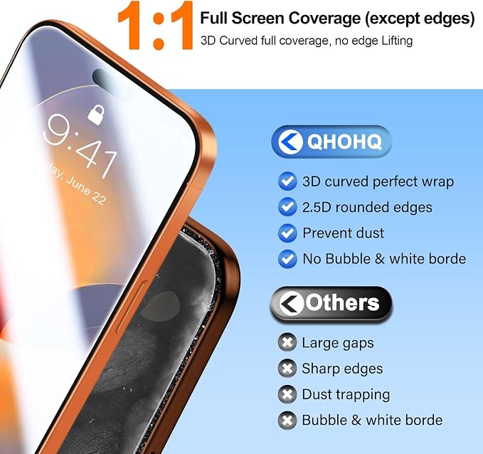 QHOHQ [1-Second Auto-Install] 3 Pack Screen Protector for iPhone 17 Pro Max [6.9 Inch] + 1 Set Camera Lens Protector, 9H+ Shatterproof Tempered Glass, [12FT Military Grade Protection], Case Friendly - Image 5