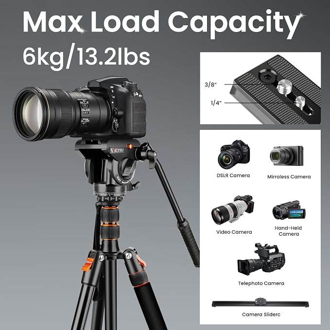 Victiv 72" Video Camera Tripod, Heavy Duty Fluid Head Tripod with Carry Bag | Professional Aluminum Camera Tripod Stand, 2-in-1 Camera Tripods & Monopods, Compatible with Camcorder, DSLR, Porjector - Image 3