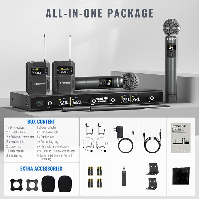 Phenyx Pro 4-Ch UHF Handheld/Bodypack Wireless Microphones PTU-5200-2H2B | 2 Handheld Mics, 2 Bodypacks, Headset/Lapel Mics, 4 x 25 Frequencies, 200 ft Range, Stage Vocals, Karaoke, Church Services - Image 7