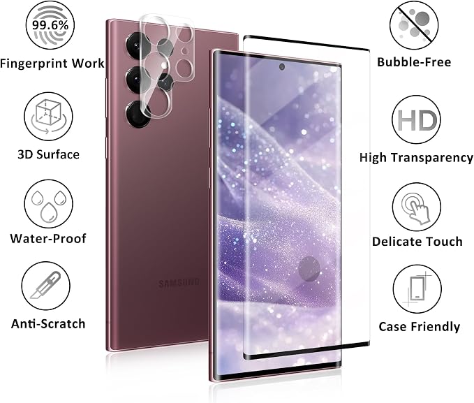 V-PORYADKU 2+2 Pack for Samsung Galaxy S22 Ultra Screen Protector | Camera Lens Protector, 9H Tempered Glass, Anti-Scratch, Fingerprint Unlock, HD Clear, Case Friendly - Image 8