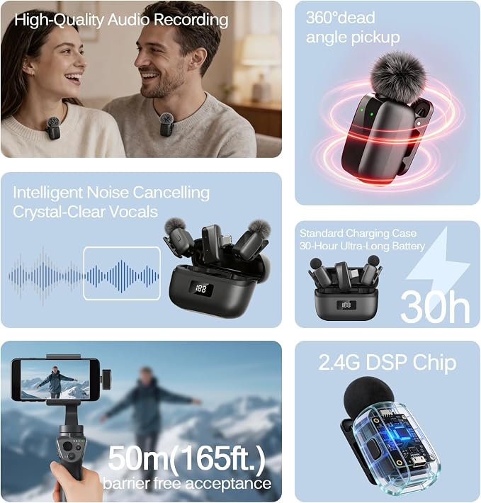 Wireless Lavalier Microphone for iPhone Android, Plug & Play Clip-On Mini Mic with Noise Cancellation, 2.4GHz Wireless Recording, Charging Case, for TikTok YouTube Live Streaming Interview - Image 2
