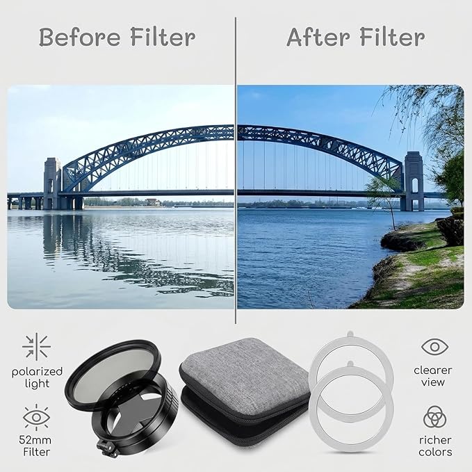 Anti-Glare Magnetic Phone Filter, 52mm Polarizing Lens for Smartphone Photography, Reduces Reflections Enhances Colors, Complete Kit with Test Card Cleaning Cloth Magnetic Rings and Storage Bag - Image 4