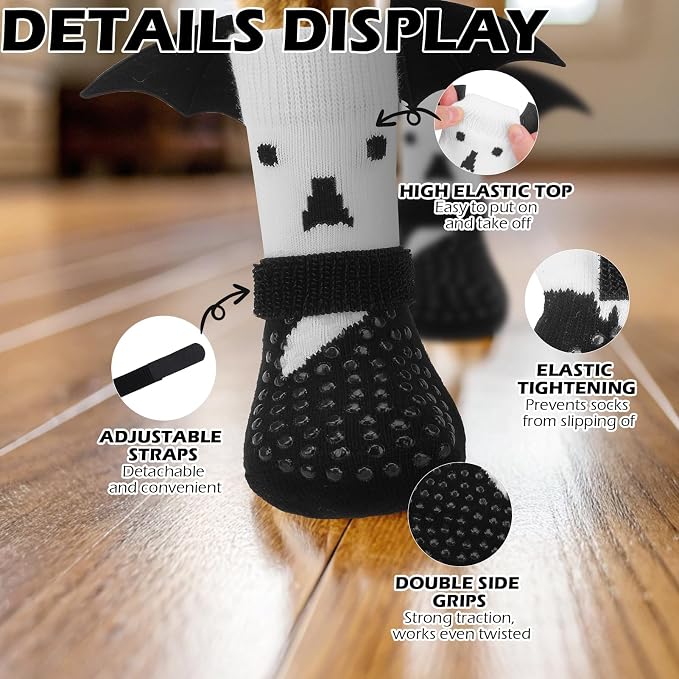 EXPAWLORER Halloween Anti Slip Dog Socks to Prevent Licking Paws, Boots & Paw Protectors with Grippers,Doggie Booties for Hardwood Floors for Small Medium Large Senior Dogs Costume White Ghost Wings L - Image 4