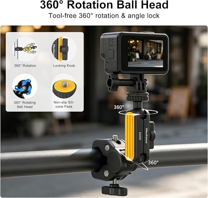MINIFOCUS Super Clamp with 360° Dual Ball Head Magic Arm, 1/4" Thread Screw, Action Camera Clamp Mount Adapter for DSLR, Monitor, Action,Insta360 for Desk Tripod Tube Crossbar Bike/Motorcycle - Image 6
