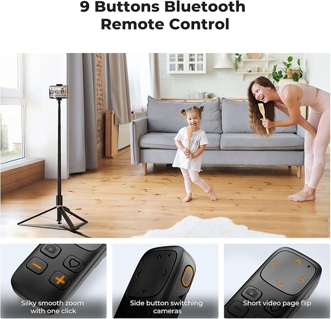 K&F CONCEPT 69" Pop Open & Quick Fold Phone Tripod | 360° Rotatable Selfie Stick with 9 Button Bluetooth Remote, Cell Phone Tripod for Travel, Live Streaming, Vloggers. X96 - Image 4