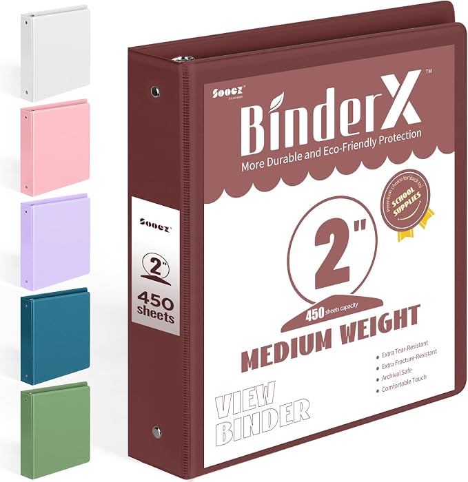 BinderX 3 Ring Binder 2 Inch, Clear View Binder, Burgundy Red, Letter /A4 | Extra Durable, PVC-Free, Customizable, Interior Pockets, 450-Sheet Capacity, Eco-Friendly, Reinforced Hinge, School, Office by Sooez