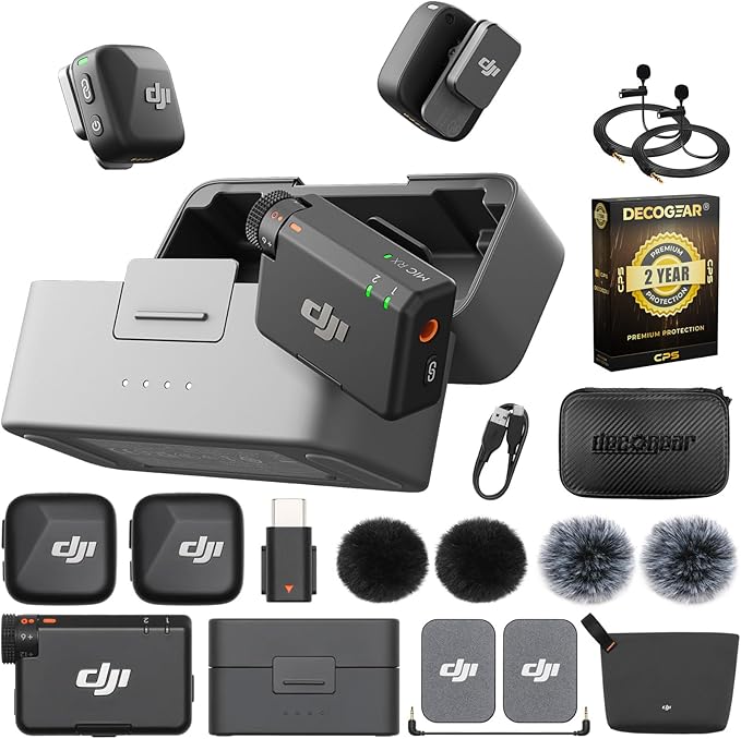 DJI Mic Mini (2 TX + 1 RX + Charging Case) Wireless Lavalier Microphone, Ultralight, 48-Hour Battery Bundle with 2 YR CPS Enhanced Protection Pack, 2 x Deco Gear Lapel Microphone and 7" EVA Case by Unknown