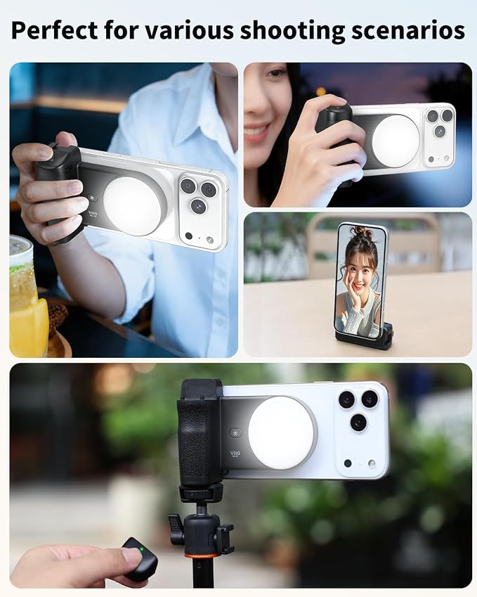 VRIG MG-35 Magnetic Phone Camera Grip for iPhone/Android with Detachable Wireless Shutter Remote,Three-Gear Adjustable Fill Light, 1/4" Tripod Screw - Comfort Ergonomic Camera Grip Handle Holder - Image 3