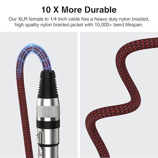XLR Female to 1/4 Inch Cable 10ft 2Pack, Nylon Braided Microphone Cable 6.35mm TRS to XLR Female Balanced Cable Compatible with Shotgun Microphone, Recording Studios and More - Image 3