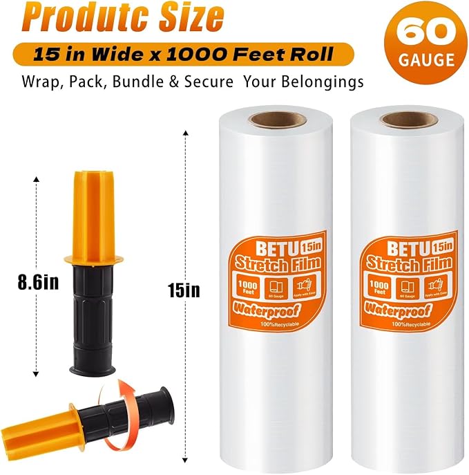 Stretch Film Shrink Wrap for Moving Supplies (15inch, 2 Pack) x 1000ft, Industrial Strength Plastic Wrap Stretch Roll for Pallet Wrapping Shipping Moving Boxes Storage Furniture with Handles, Clear - Image 3